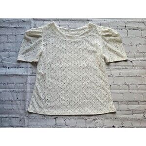 Fusion White Eyelet Puff Sleeve Blouse Women’s Size S 80% Cotton Made in Mexico